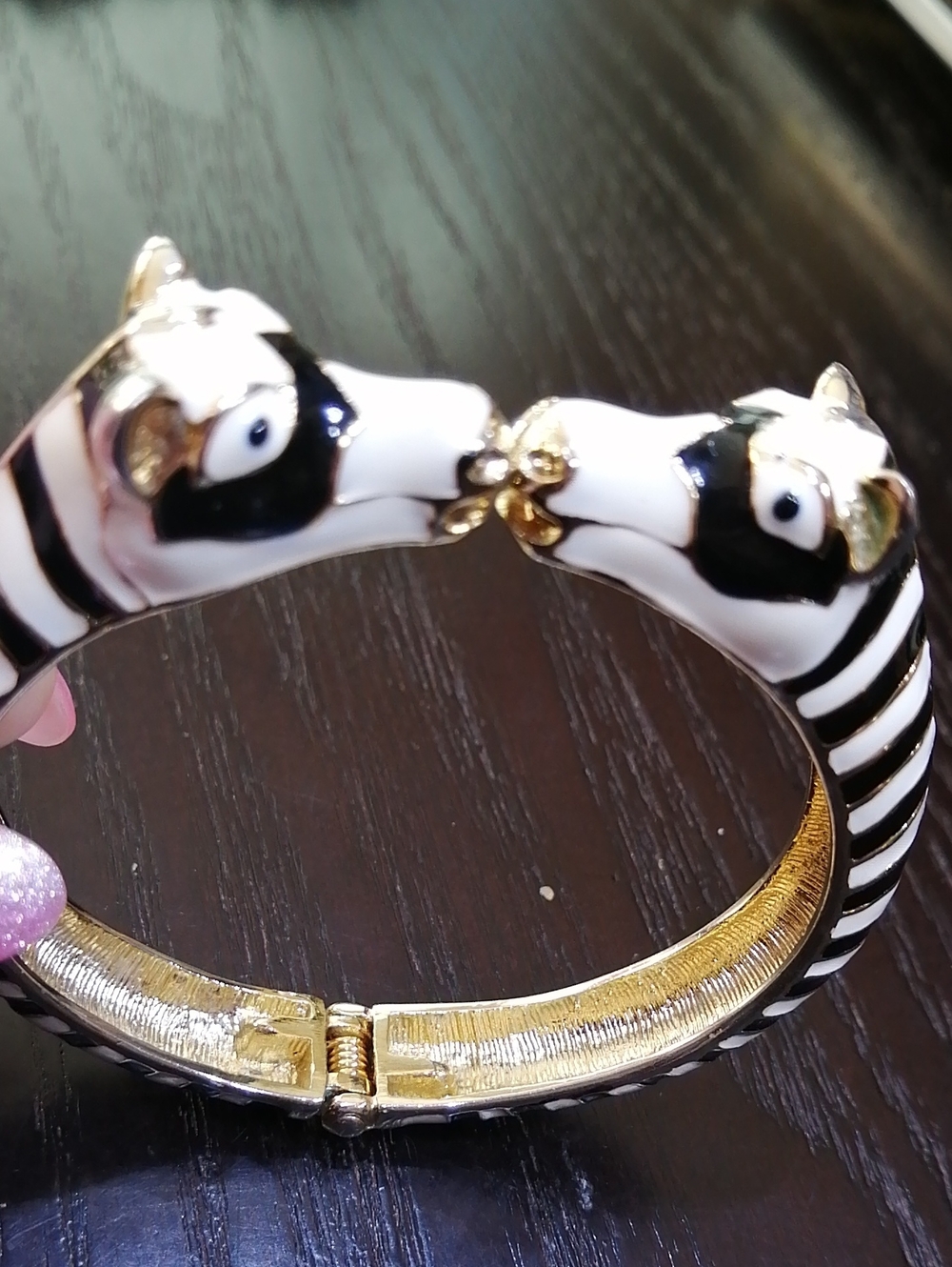 Black & White Double Zebras Heads Kiss Hinged Bangle Bracelet